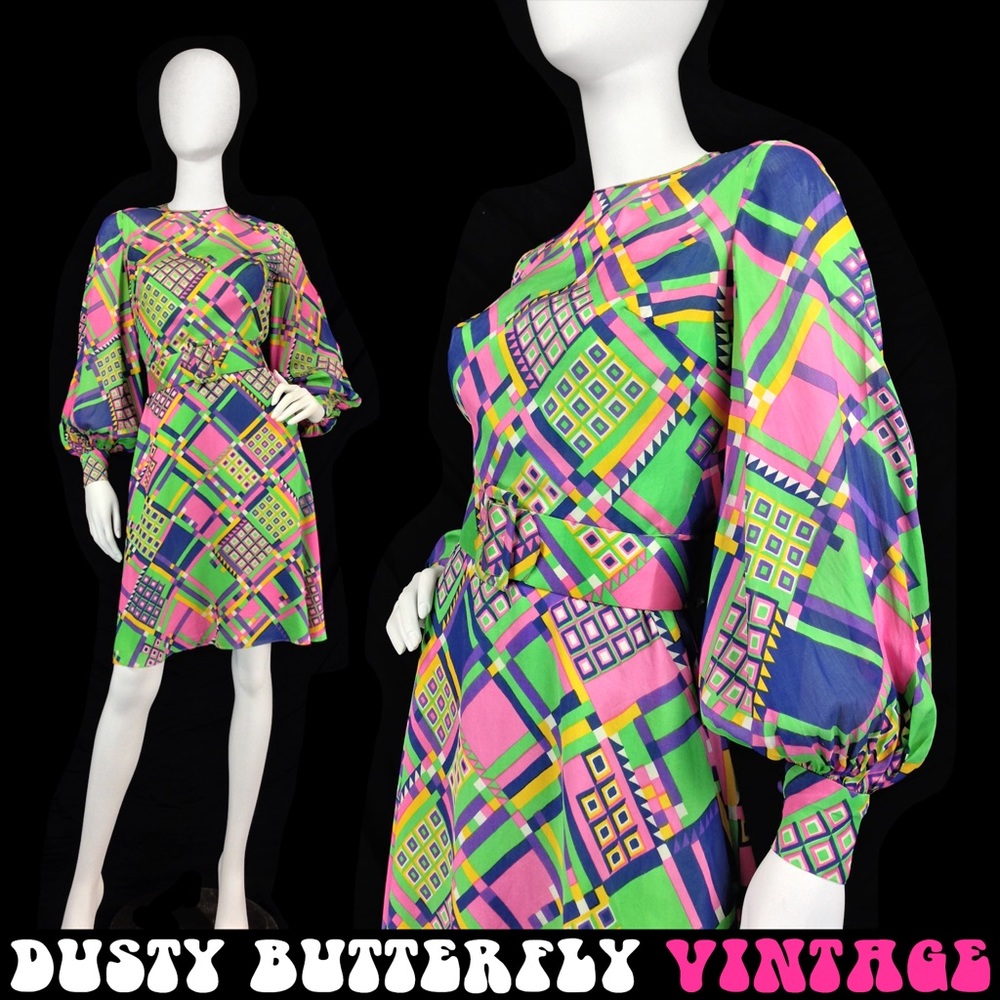 [SOLD]VTG 60s PSYCHEDELIC CHIFFON DRESS Bishop Sle